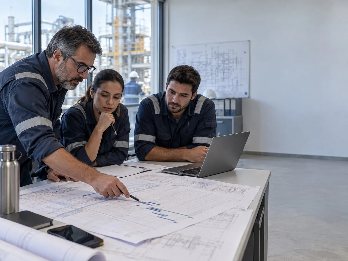 Gerente e equipe de engenharia analisando planejamento e recursos de um projeto